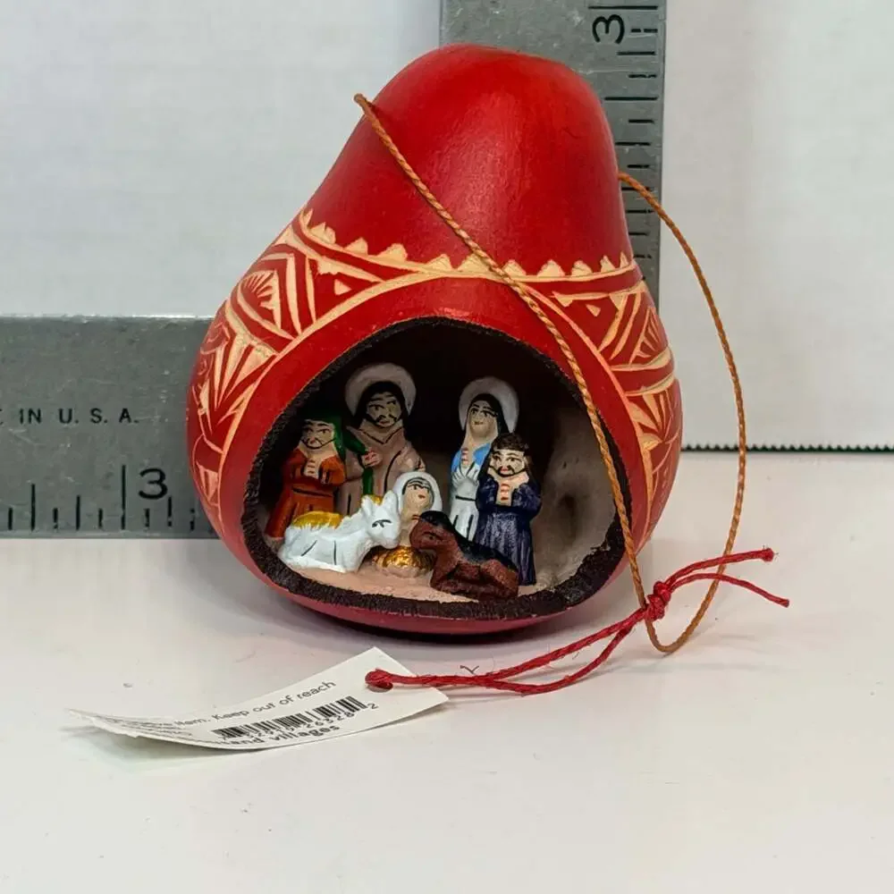 Hand Carved and Painted Gourd Nativity Scene Christmas Diorama Ornament